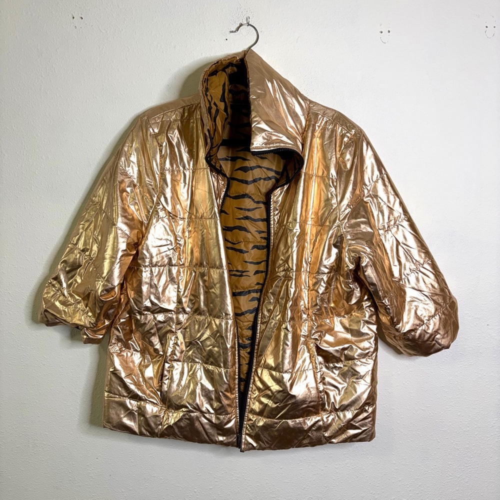 Chico's Rose Gold Black Tiger Print reversible Puffer Jacket metallic sz 16 18 - Picture 3 of 10